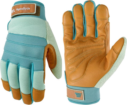 Wells Lamont Women's HydraHyde Leather Hybrid Gloves – Water-Resistant, Durable Cowhide Palm, Spandex Stretch Back – Ideal Landscaping/Farming/Gardening Gloves – Adjustable Wrist– Medium, Blue (3250M)