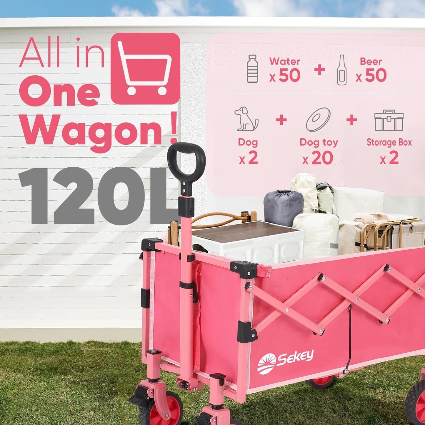 Wagon with Brakes, Foldable Cart with 220LBS Capacity, Utility Lightweight Wagon, Collapsible Grocery Shopping Cart for Camping Sports & Holiday.Pink