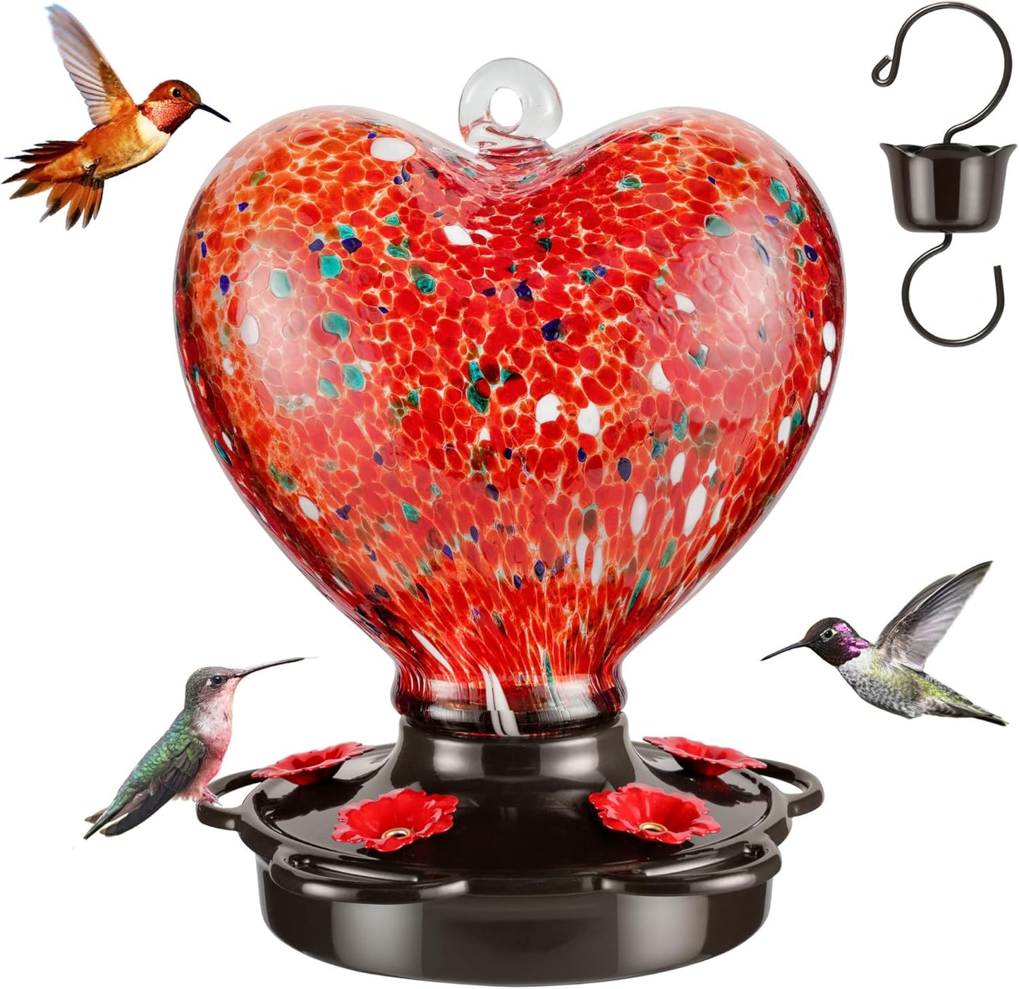 Hand Blown Glass Hummingbird Feeder for Outdoors All Season Use - 28 Fl. Oz. Leak Proof Hummingbird Feeder with Rust Proof Base - Includes Ant Moat, Ant & Bee Proof (Red)