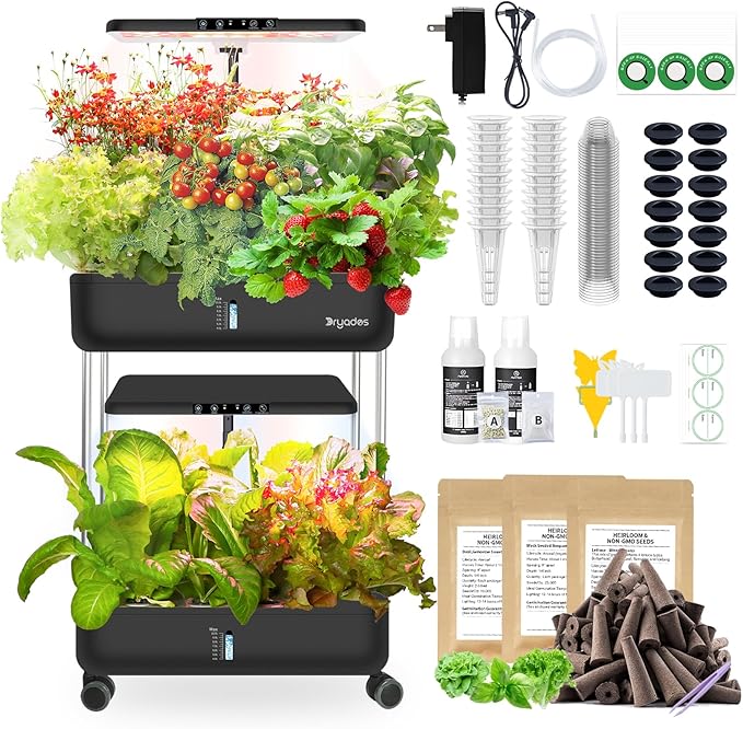 44-Pod Indoor Hydroponic Growing System + 3 Free Seeds Starter Kit (Lettuce, Salad Mixed, Basil Seeds) – Dual 53W Full-Spectrum LED, 10-L Water Tank, 2-Tier Grow Pods