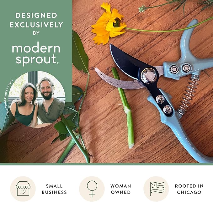 Modern Sprout Hand Pruners - Lightweight Pruning Shears W/Easy Lock- Gardening Scissors - Bypass Sharp Carbon Steel Blade - Rust Resistant - Garden Tools - Reusable Holster - Sage