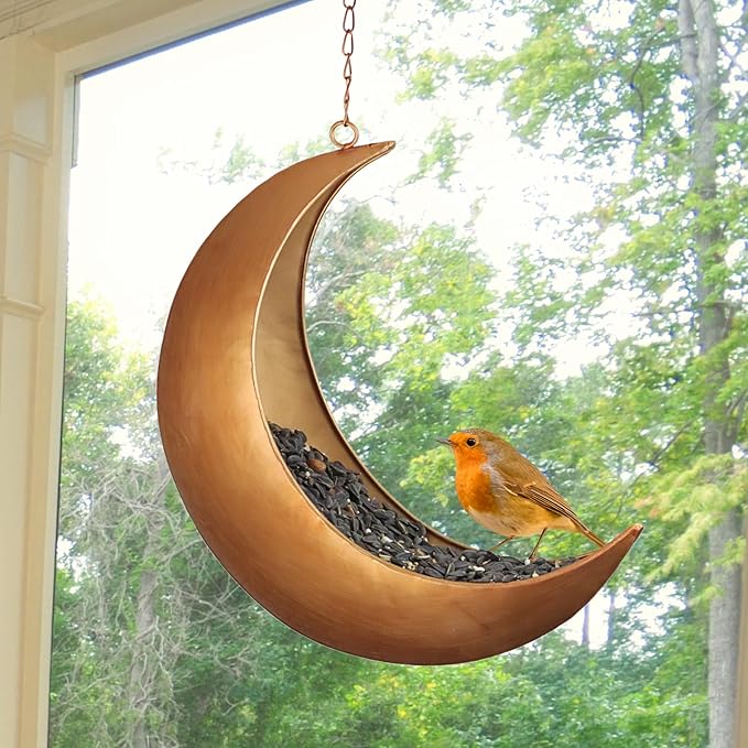 Hanging Moon Bird Feeder – Unique Metal Bird Feeders for Outdoors, Antique Gold, Rust-Resistant, Drain Holes – Wild Bird Feeder for Bluebirds, Cardinals, Finches, and Backyard Birdwatching