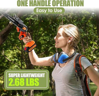 Mini Chainsaw 6 Inch Cordless, Super Handheld Chainsaw with 2x Big Batteries, Electric Mini Chain saw Battery Powered, Small Hand saws for Tree Wood - Garden Yard Time Saving Tool