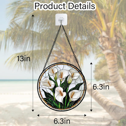 Stained Glass Window Hanging, White Calla Lily Flowers Sun Catchers Glass Panel Plant Suncatcher Decor for Birthday for Women, Men, Wife, Aunt, and Mom 6.3 in