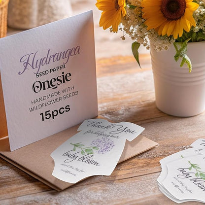 Onesie Seed Paper – 15 Hydrangea Baby Shower Favors for Guests with Wildflower Seeds, Writable & Plantable, Baby Shower Gifts for Guest