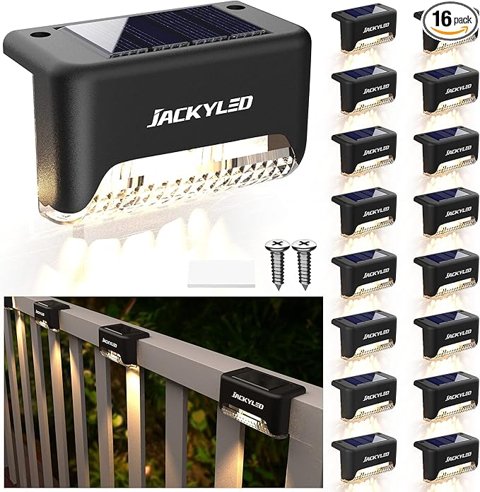 JACKYLED 16 Pack, Step Lights Waterproof LED Solar Power Outdoor Fence Light for Deck Stair Railing, Outside Lighting for Wall Garden Backyard Patio Balcony Decor