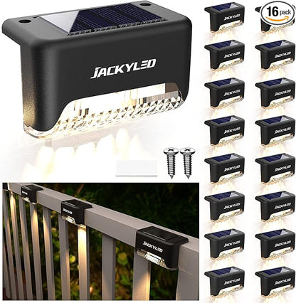 JACKYLED 16 Pack, Step Lights Waterproof LED Solar Power Outdoor Fence Light for Deck Stair Railing, Outside Lighting for Wall Garden Backyard Patio Balcony Decor