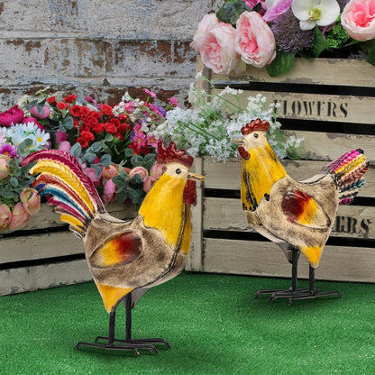 Set of 2 Metal Chicken Decor, Farmhouse Metal Rooster, Garden Chicken Statue, Hen and Rooster Ornaments Yard Art for Backyard Patio Lawn Decorations