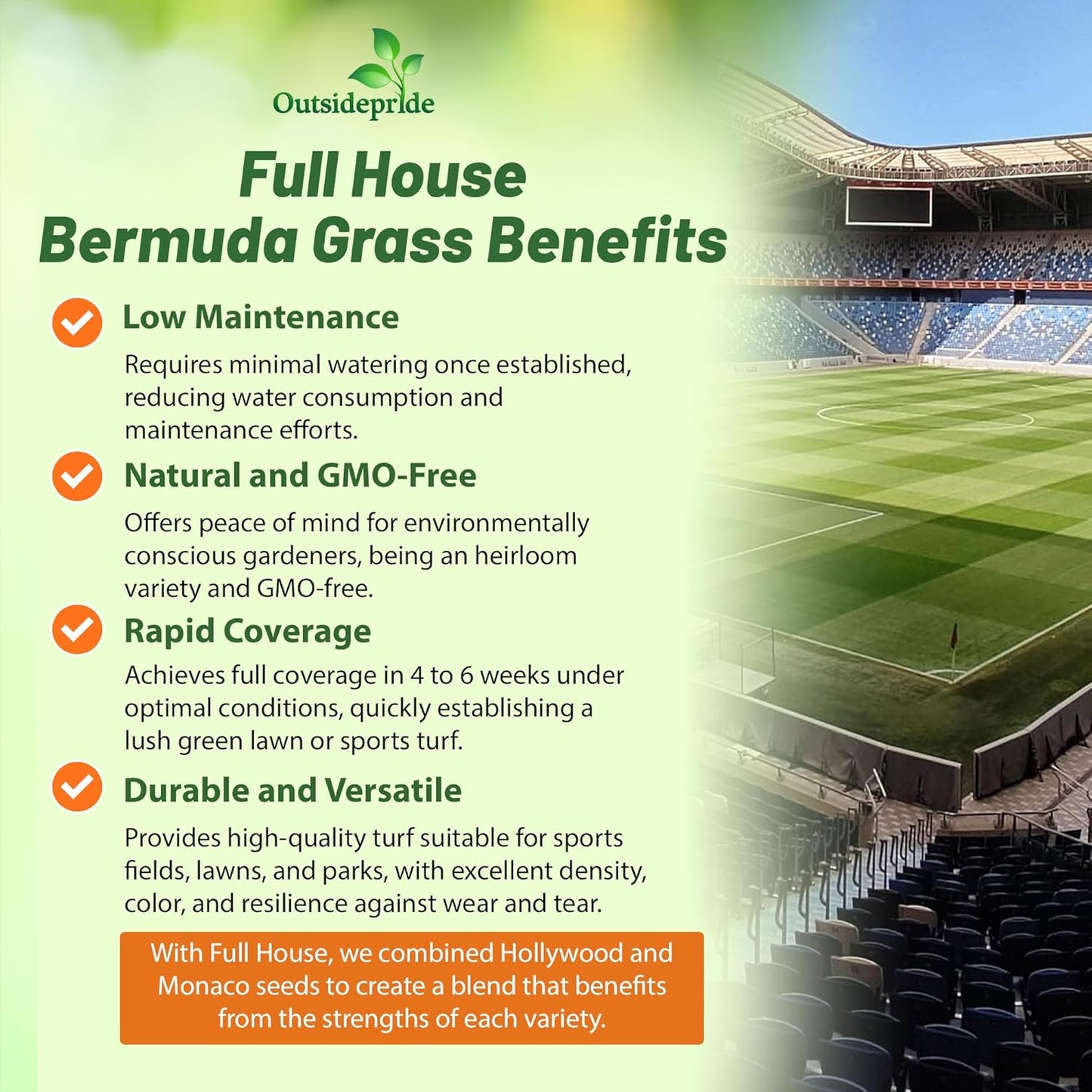 Outsidepride Full House Bermuda Grass Seed Mix - 2 lbs. Premium Warm Season Turf Blend of Traffic & Drought-Tolerant Monaco & Hollywood Bermuda Grass Seeds for Lawn, Golf Courses & Fairways