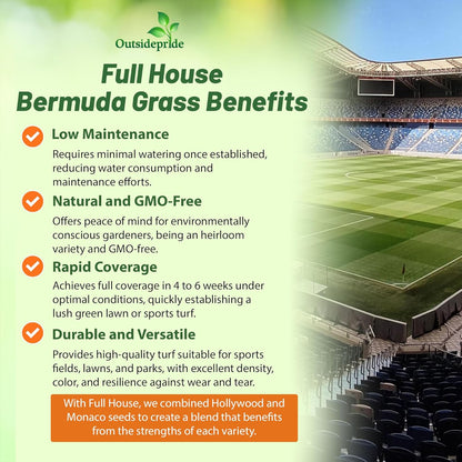 Outsidepride Full House Bermuda Grass Seed Mix - 2 lbs. Premium Warm Season Turf Blend of Traffic & Drought-Tolerant Monaco & Hollywood Bermuda Grass Seeds for Lawn, Golf Courses & Fairways