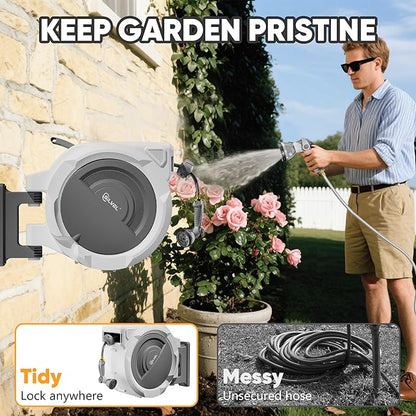 SILVEL Retractable Garden Hose Reel – 5/8 in x 110FT Heavy Duty Automatic Hose Reel Wall Mounted, Upgraded UV Resistant with 10 Pattern Nozzle, Any Length Lock & Slow Return System, 180°Swivel Bracket
