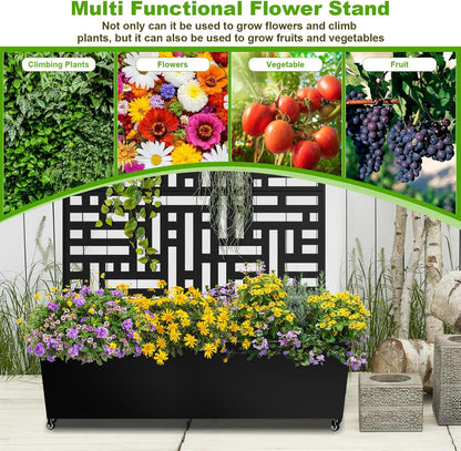 Metal Planter Box with Trellis, 72"x47"x16" Metal Raised Garden Bed with Trellis, Trellis Planter Box with Drainage Holes & Lockable Casters for Climbing Plants, Vegetables, and Vines