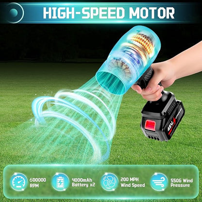 Leaf Blower Cordless Handheld Dust Cleaner, 600000RPM Portable Electric Leaf Blowers with 2 x 4000mAh Batteries, High-Speed Turbo Jet Blower for Patio Cleaning, Lawn Care, Leaves (Black)