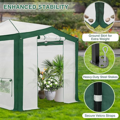 EAGLE PEAK 12x8 Portable Walk in Greenhouse with Polyester Reinforced Corners, Instant Pop up Indoor Outdoor Gardening Green House, Roll Up Zipper Entry Doors and Mesh Windows, Green/White