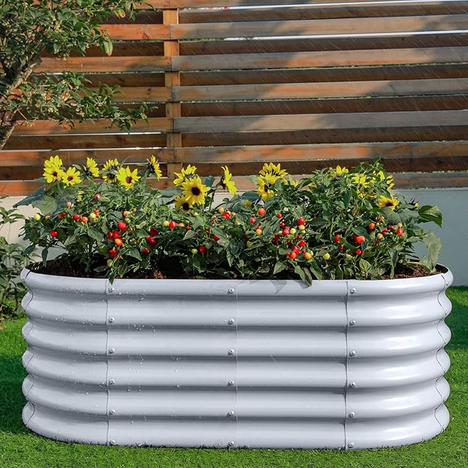 Land Guard 18“ Tall 4×2ft Galvanized Raised Garden Bed Kit, Galvanized Planter Garden Boxes Outdoor, Oval Large Metal Raised Garden Bed for Vegetables……… (Modern Gray, 4×2×1.5ft)
