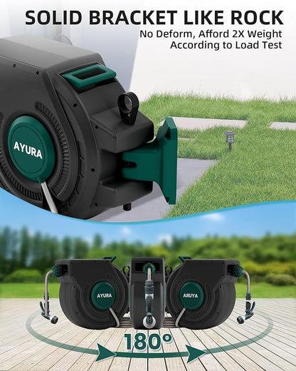 AYURA Retractable Garden Hose Reel 100 ft x 1/2 inch with Pro Metal Shaft, Heavy Duty Automatic Garden Hose Reels with Kink-Free Rewind and Lock at Any Length, Wall Mount Water Hose Reel for Outside