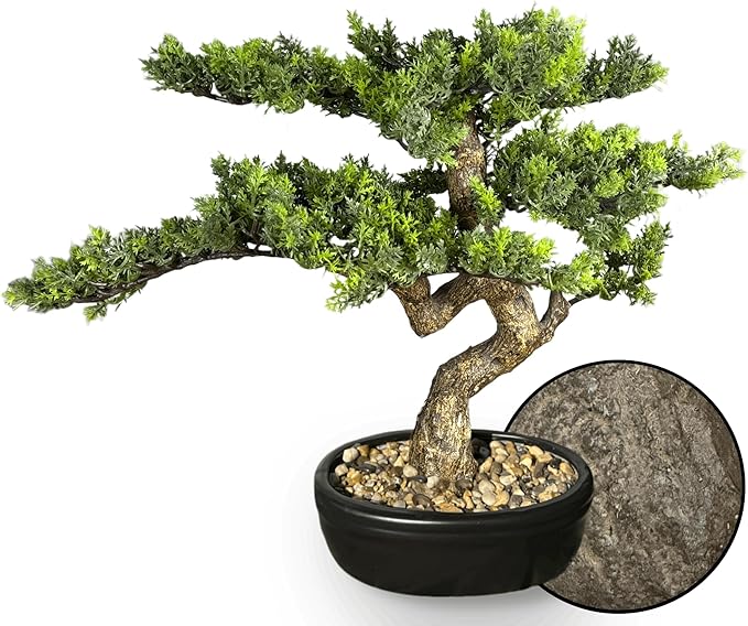 Artificial Bonsai Tree 16" Tall with Realistic Wood and Ceramic Pot Fake Plants Cypress Juniper Pine Zen Faux Plants for Home Bedroom Office Bathroom Japanese Decor