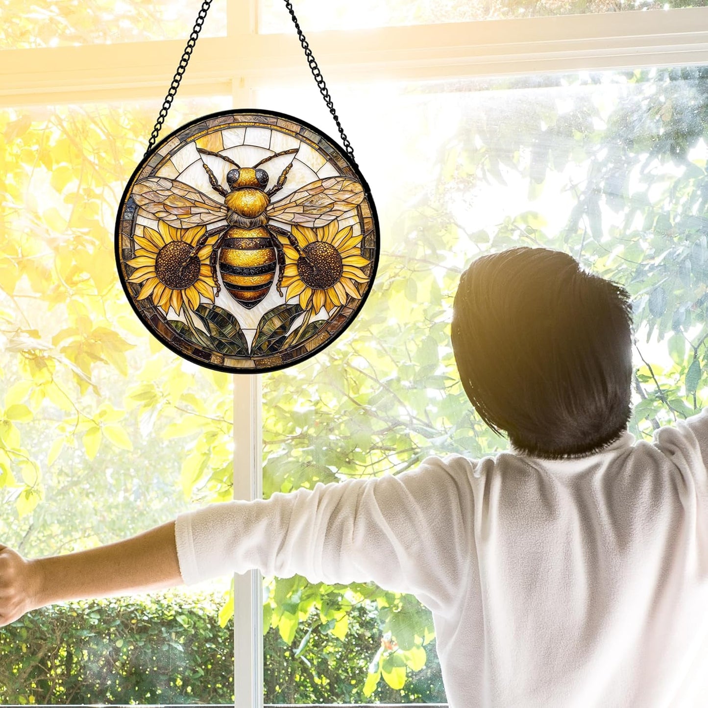 Stained Glass Window Hanging - Bee Sunflower Yellow Suncatcher Ready to Hang Window Doors Home Decoration and Christmas, Mother's Day Birthday Gifts for Women, Men, and Mom 7.8x7.8 in