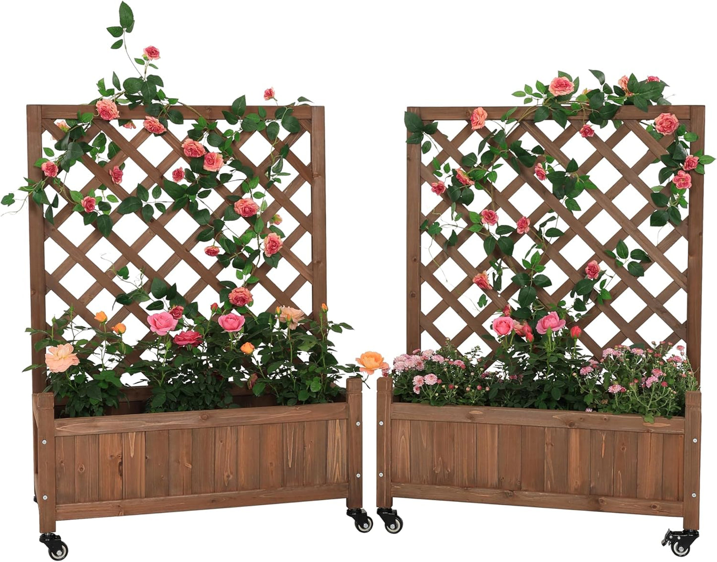 2 Pcs Wooden Planter Boxes with Trellis: Four Universal Wheels for Easy Mobility, 37.6" H x 27.5" W x 13" D,Perfect for Outdoor Climbing Plants on Patios, Balconies & Gardens