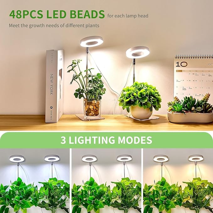 Brightown Plant Grow Light, LED Growing Light for Indoor Plants, 2 Head 96 LED Adjustable Height Growing Lamp with Timer, 3 Dimmable Brightness Levels, Low Safe Voltage, Perfect for Small Plants