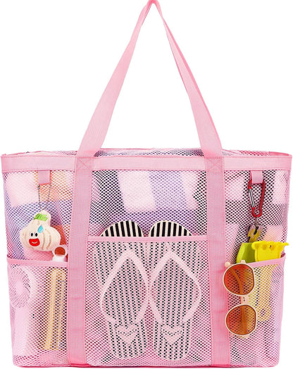 Mesh Beach Bag, Large Beach Tote with Zipper Pocket for Family Pool Bag for Toys & Vacation Essentials