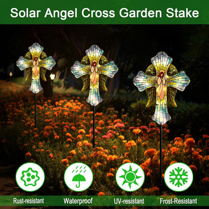 Solar Cross Garden Stake Lights for Outdoor Garden,Cemetery,and Yard Decor,Angel Wings Cross Solar Christmas Lights Outdoor,Memorial Gifts Angel