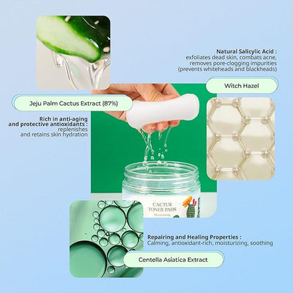 YADAH Cactus Toner Pads 5.07 Fluid Ounce 60 Count, Cruelty Free Facial Cleansing Exfoliator Toning Hydrating Treatment Wipes for Clear Pores Acne Prone Oily Dry Sensitive Skin