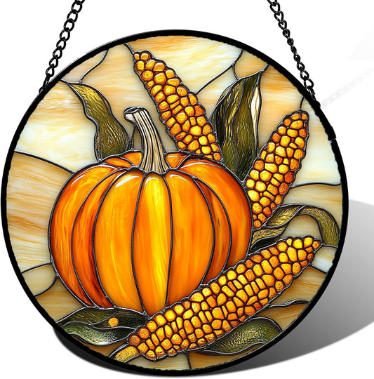 Stained Glass Window Hanging Autumn Harvest Pumpkin Corn 7.8" - Suncatcher Door Garden Kitchen Sunroom Sun Catcher Fall Home Decor Birthday for Mom Grandma Men Woman