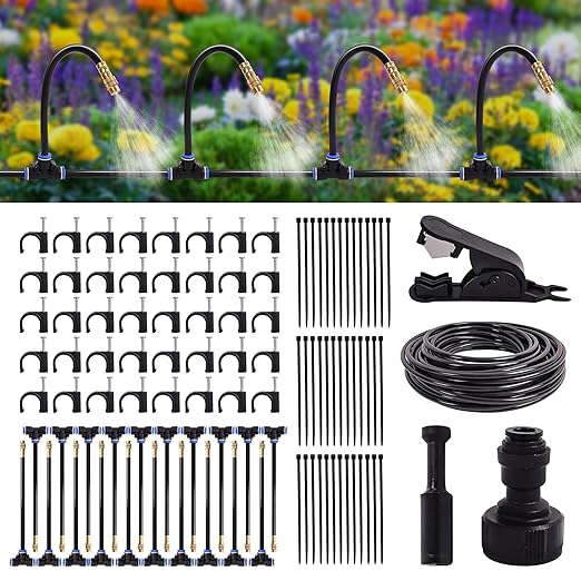 Drip Irrigation Kit, Flexible 360°Adjustable Watering System with Nozzle Control, Misting Hose for Garden, Greenhouse, Lawn, Yard & Potted Plants (65 Feets)