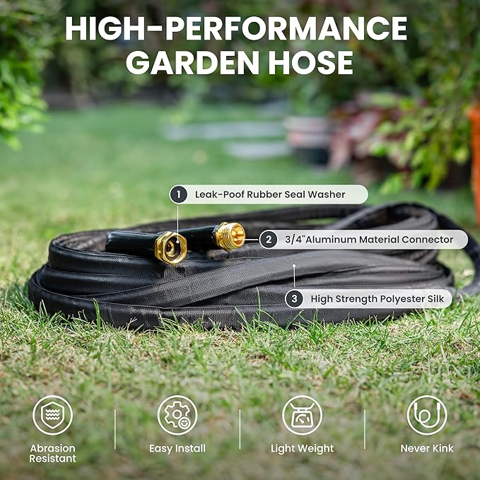 Giraffe Tools Garden Hose 75FT Lightweight Lay Flat Water Hose Kink Free Flexible Hose with 9 Spray Function Nozzle（Black）