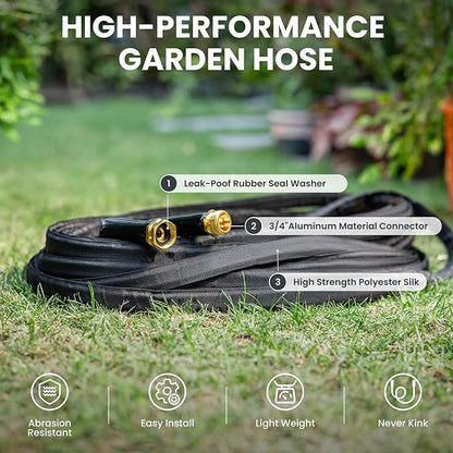 Giraffe Tools Garden Hose 75FT Lightweight Lay Flat Water Hose Kink Free Flexible Hose with 9 Spray Function Nozzle（Black）