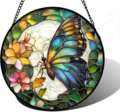 Stained Glass Window Hanging, Butterfly Flower Sun Catchers Diamond Glass Panel Hangings Insect Suncatcher Decor for Birthday for Women, Men, Wife, Aunt, and Mom 6.3 in