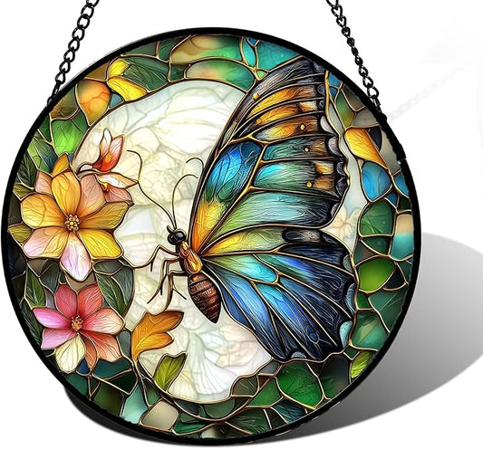 Stained Glass Window Hanging, Butterfly Flower Sun Catchers Diamond Glass Panel Hangings Insect Suncatcher Decor for Birthday for Women, Men, Wife, Aunt, and Mom 6.3 in