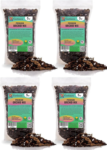 Organic Premium Orchid Soil Mix by Gardenera - Hand Mixed Classic Sphagnum Moss Potting Soil Mix - for Phalaenopsis Orchid - 20 Quart (4 Bags of 5 Quart)