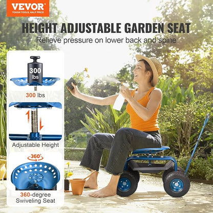 VEVOR Rolling Garden Work Seat with Wheels, Gardening Stool for Planting, 360 Degree Swivel Seat, Garden Scooter with Steering Handle & Tool Tray, Garden Chair for Outdoor, Patio and Yard, Blue