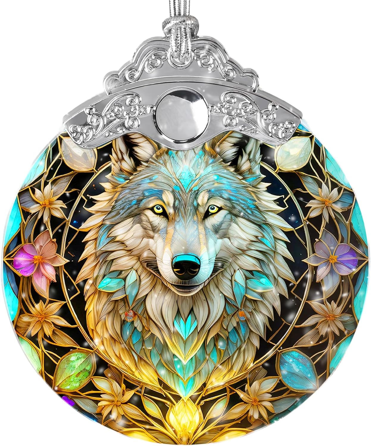 Stained Glass Suncatcher Hanging Ornament, Wolf Decor for Home, Christmas Ornament