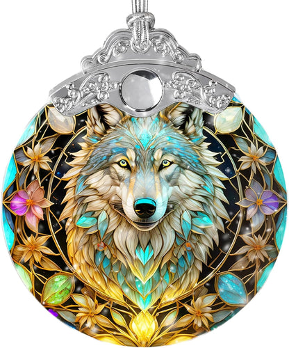 Stained Glass Suncatcher Hanging Ornament, Wolf Decor for Home, Christmas Ornament