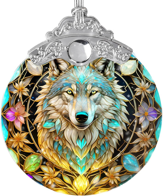 Stained Glass Suncatcher Hanging Ornament, Wolf Decor for Home, Christmas Ornament
