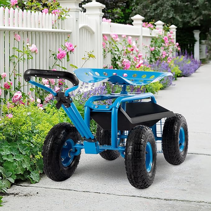 Rolling Garden Tool Cart with Seat Heavy Duty Scooter with Handle and Storage for Seniors Garden Cart on Wheel,Blue