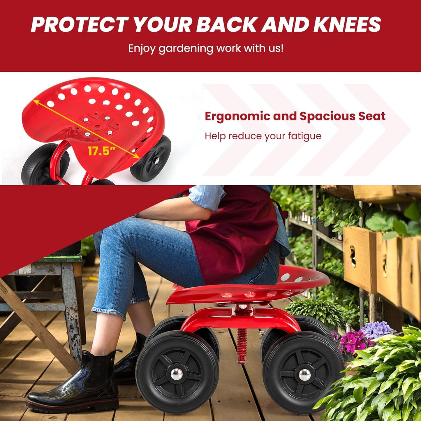 LDAILY Garden Seat with Wheels, Heavy-Duty Utility Stool Cart with Adjustable 11"-16" Height & 360° Rotatable, Rolling Garden Cart with Seat for Lawn Planting, Yard Work, Patio Gardening (Red)