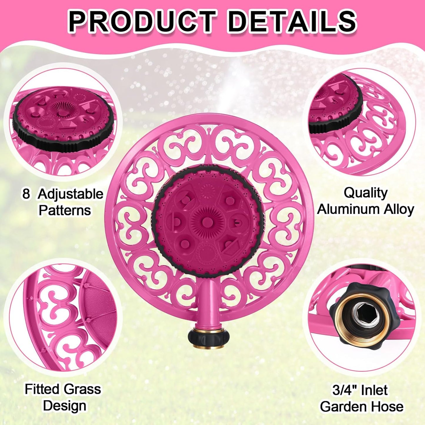 2 Pcs Lawn Sprinkler with Metal Decorative Base 8 Pattern Stationary Water Sprinkler Automatic Turret Pattern Sprinkler for Watering Yard, Lawns, Garden, Odd Shaped Areas (Pink)