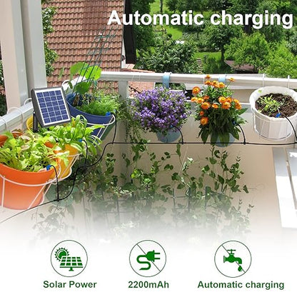 RISINGUP Solar Drip Irrigation System with Timer, Programmable Smart Watering with 2200mAh Battery, Automatic Plants Watering System for 15 Potted Plants Outdoor Garden, Patio, Balcony, Greenhouse