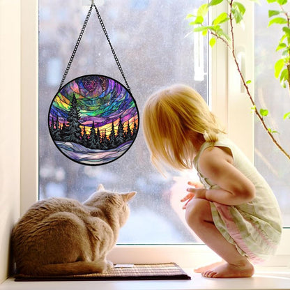 Stained Glass Window Hanging, Van Gogh Night Scene Sun Catchers Colorful Glass Panel Starry Sky Suncatcher Decor for Birthday for Women, Men, Wife, Aunt, and Mom 7.8 in