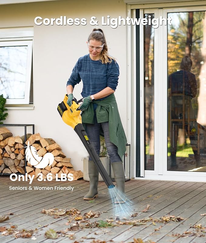 21V Cordless Leaf Blower with 2 x 4.0Ah Batteries and Charger - Powerful 2-Speed Electric Blowers for Lawn Care, Blowing Leaves, Patio, House, Depot, Dust (Yellow)