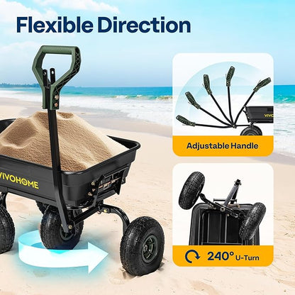 VIVOHOME 4 Cu.Ft 660lbs Wheelbarrow Garden Cart Dump Wagon with 2-in-1 Convertible Handle Attach to ATV or Tractor, 10" All Terrain Wheels, Quick Release System, Heavy Duty Utility Trailer for Yard