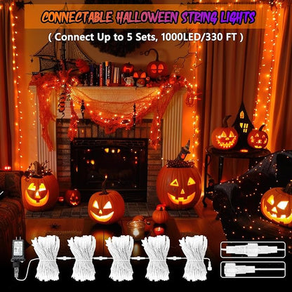 Upgraded Connectable 200 LED Halloween String Lights Outdoor Indoor, 66FT Orange Halloween Decorations Lights 13 Modes, Waterproof Twinkle Fairy Lights Plug in Clear Wire for Tree, Bedroom Decoration