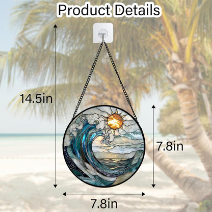 Stained Glass Window Hanging, Blue and White Waves Suncatcher Diamond Glass Panel Landscape Sun Catchers Decor for Birthday for Women, Men, Wife, Aunt, and Mom 7.8 in