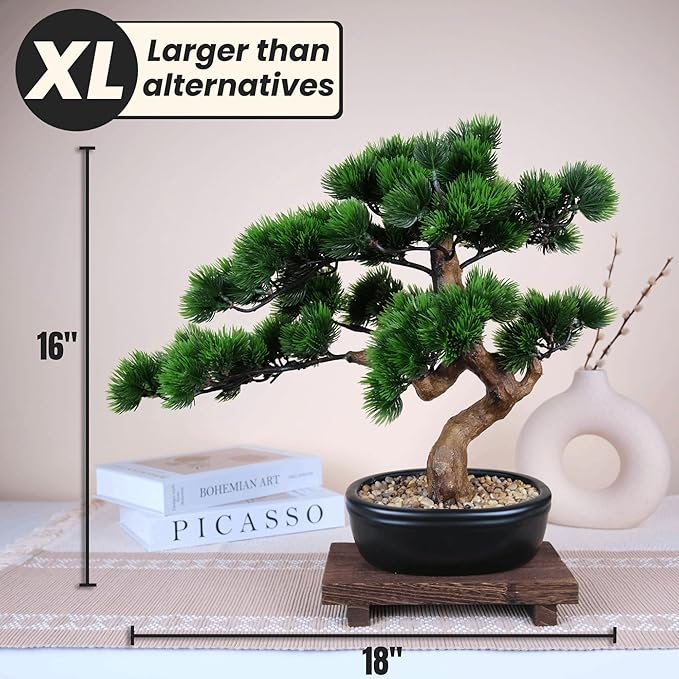Artificial Bonsai Tree 16" Tall with Realistic Wood and Ceramic Pot Fake Plants Juniper Pine Zen Faux Plants for Home Bedroom Japanese Decor