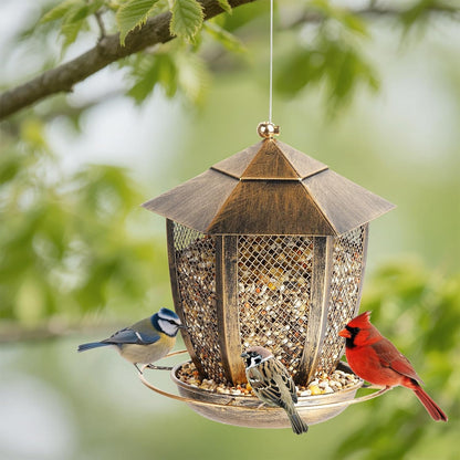 LBTING Bird Feeder for Outside, Hexagon Lantern-Shaped Metal Bird Feeder, Squirrel Proof Wild Bird Feeders for Hanging Outdoor Garden Yard