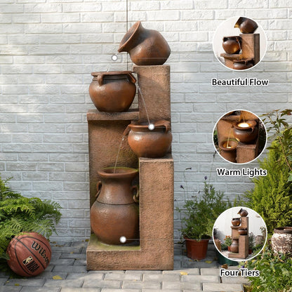 53" H Patio Water Fountain-The 4 Cascading Modern Feature Crocks Garden Fountains and Waterfalls with Warm Lights for Porch, Deck, Patio, Backyard Home Décor (Gold)